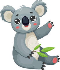 Naklejka premium Cartoon funny koala bear character sitting with a friendly expression, holding a green eucalyptus leaf. Isolated vector cute Australian animal personage with big eyes, captures the charm and innocence