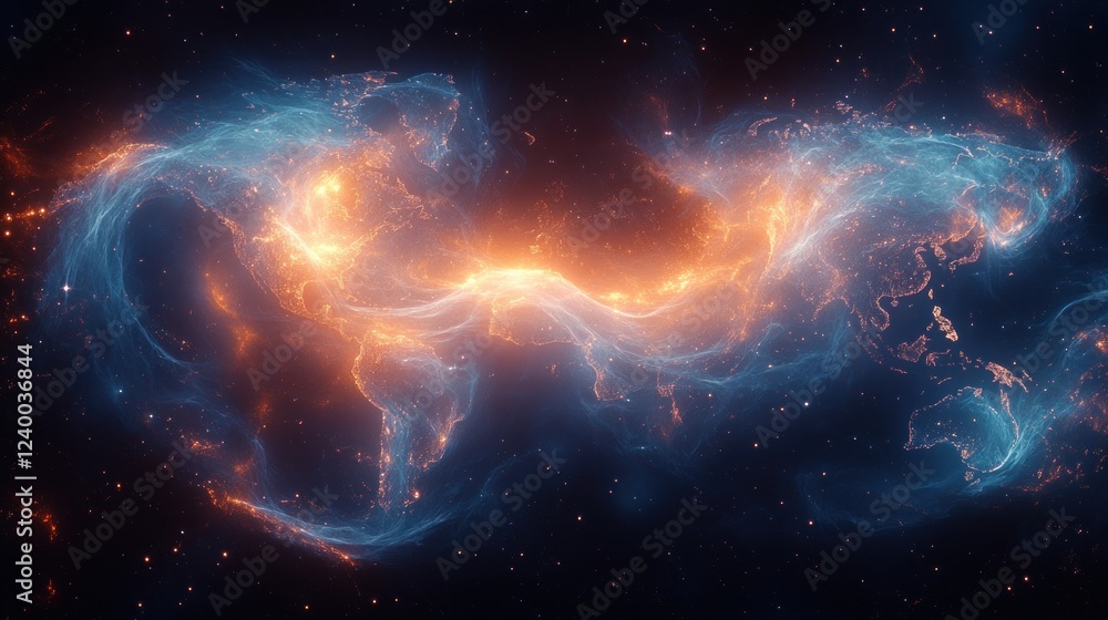 Poster global digital network map in cyberpunk style with neon blue connections