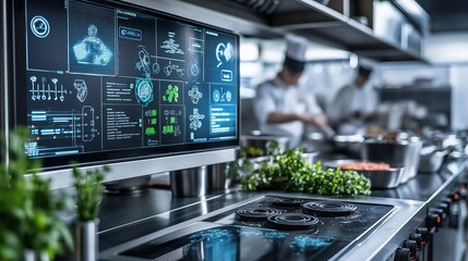 Restaurant kitchen with digital display showing data and graphs of a busy restaurant with chefs working in the background