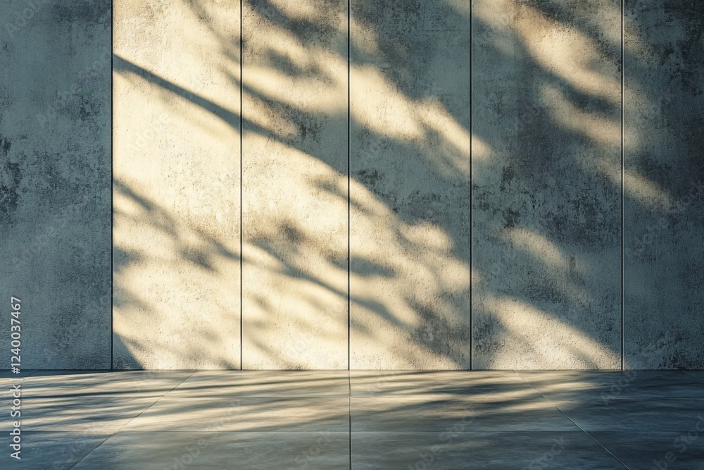 Poster sunlight casting shadows on textured concrete wall with tiled floor in a modern space