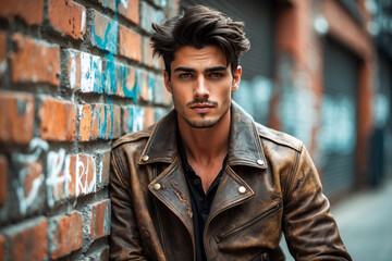 A young man wearing a vintage jacket leans against a brick wall in an urban area.