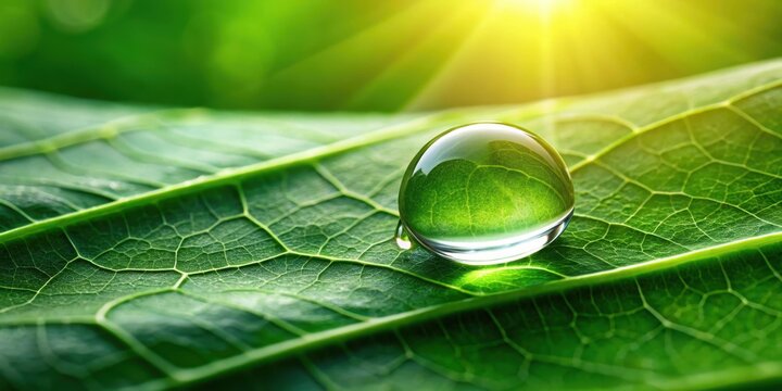 Water drop glistening on a large green leaf surface in a natural environment , foliage, hydration,  foliage, hydration
