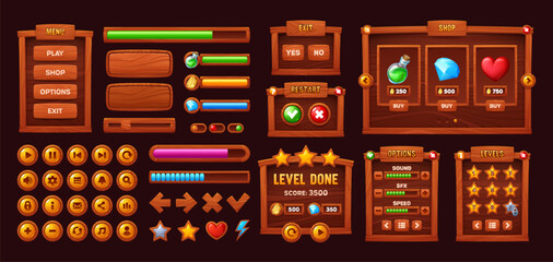 Wooden game interface buttons and bars or menu panels, vector cartoon UI elements and GUI assets. Arcade game menu buttons and interface controls with wooden loading bars and gamer panel settings © Buch&Bee