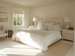 Sunlit Bedroom With White Bed And Wooden Accents
