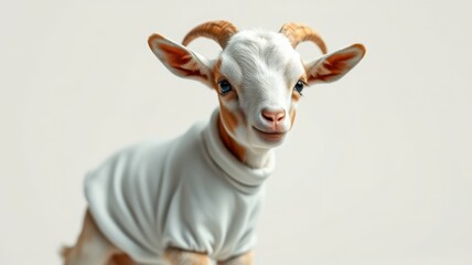 Goat wearing a sweater poses playfully in a studio setting with soft lighting and neutral backdrop