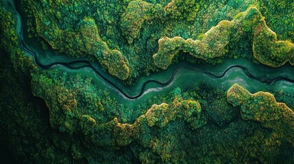 Rainforest aerial photo with layers of green and hidden streams weaving through the canopy