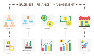 Business flat color icon set. contain exchange, money, graph, shop, stats, startup, id card, hierarchy and more. use for UI, UX, app and web development, digital or print, for financial, management.