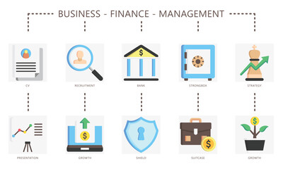 Business flat color icon set. Contain CV, recruitment, presentation, growth, bank, box, suitcase, strategy and more. use for UI, UX, app and web development, digital, print. For financial, management