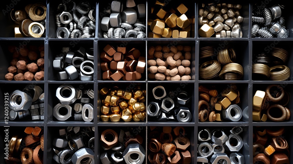 Poster carefully arranged and neatly organized assortment of nuts washers and other small metal hardware co