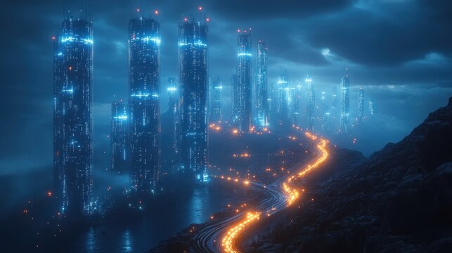 Digital Cyber Network Visualization Technology Concept with Interconnected Lines and Luminous Nodes in Futuristic Landscape