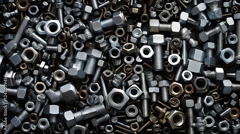 Poster scattered industrial nuts and bolts on metallic surface closeup view of various mechanical hardware 