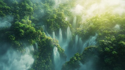 Obraz premium Rainforest aerial photo with vibrant layers of greenery and misty waterfalls cascading below