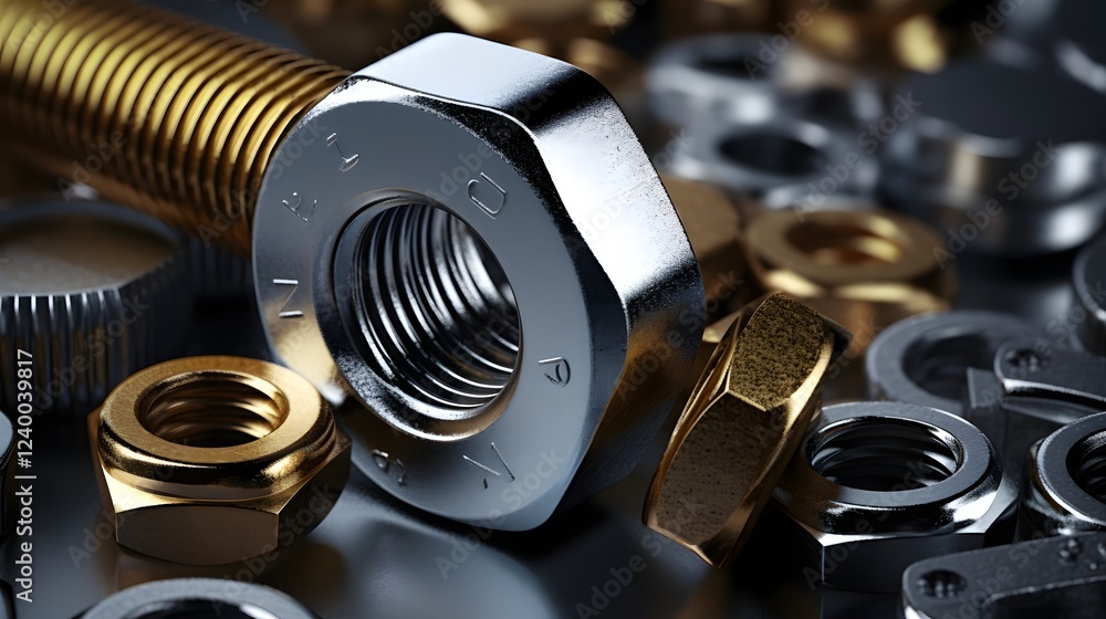 Poster close up macro shot of a metal nut and bolt fastened together with visible threaded connection in a 