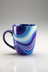 a close up of a coffee cup with a swirl design on it