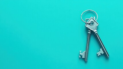 House keys on teal background; home ownership