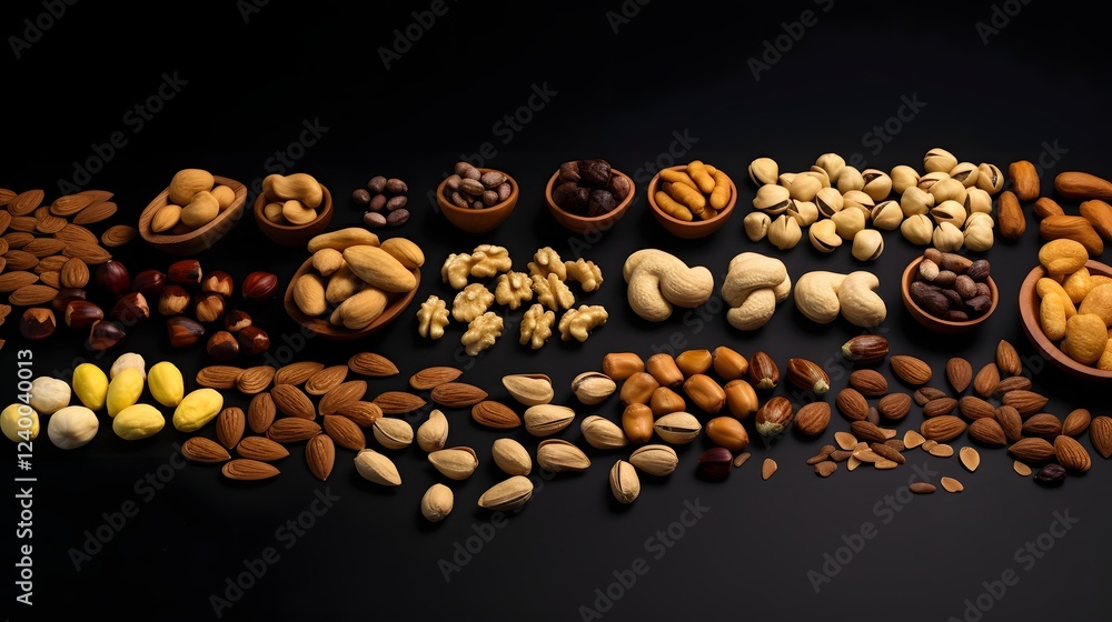 Poster assortment of different types of nuts including walnuts almonds hazelnuts pecans cashews pistachios 