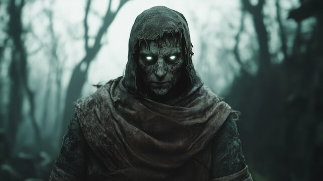 scary looking zombie ancient Angel of Death as the Hermit, wearing hooded figure cloaked tattered robe, with eerie glowing eyes, haunting atmosphere