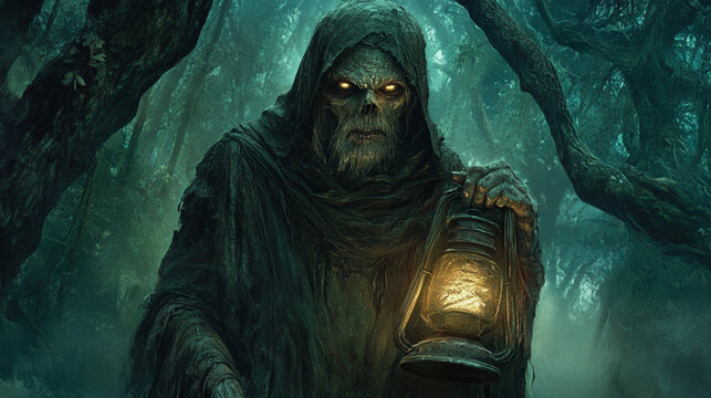 scary looking zombie ancient Angel of Death as the Hermit, wearing hooded figure cloaked tattered robe, holding a lantern, with eerie glowing eyes, haunting atmosphere