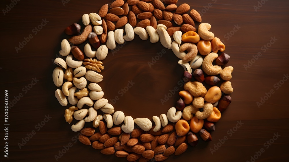 Poster creative and visually appealing arrangement of various nuts forming a symmetrical circular compositi