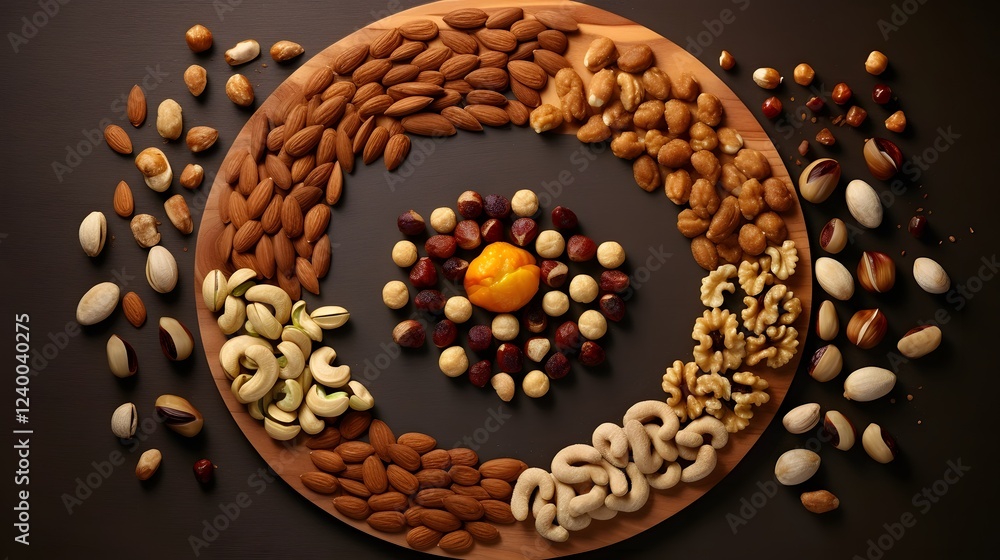 Poster circular arrangement of various types of nuts including almonds walnuts hazelnuts and cashews in a c