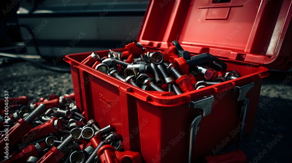 Poster closeup of a vibrant red toolbox filled with various nuts bolts and other metallic hardware componen