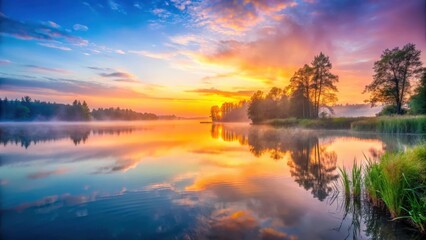Fototapeta premium Serene lake landscape at dawn with misty atmosphere and vibrant colors of sunrise, landscape, dawn, landscape,dawn