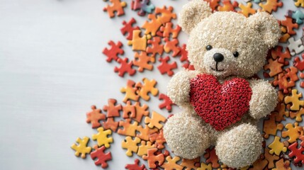 Cute teddy bear surrounded by colorful jigsaw puzzle pieces cozy indoor setting high-quality image for kids decor