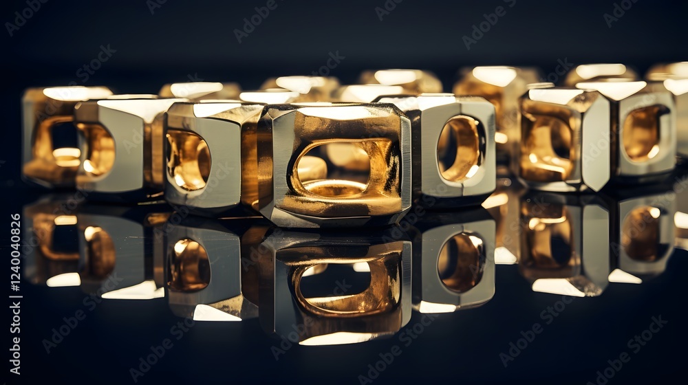 Poster close up image of polished brass or golden nuts placed on a reflective glass surface creating an ele