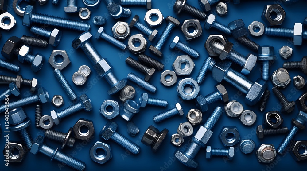 Poster overhead flat lay of an assortment of metallic nuts and bolts arranged on a blueprint background rep
