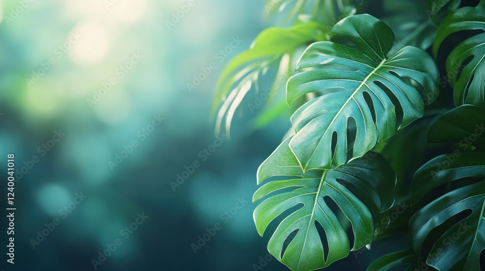 Poster lush green monstera leaves against a soft bokeh background creating a tranquil nature scene