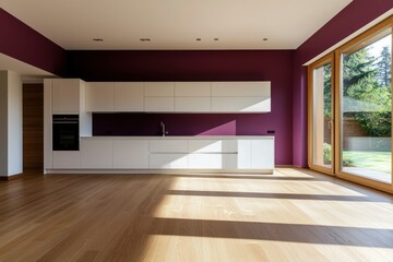 Fototapeta premium Modern kitchen with white cabinets and purple wall
