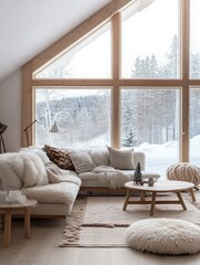 Fototapeta premium Cozy Living Room With Snow Covered Winter Forest View
