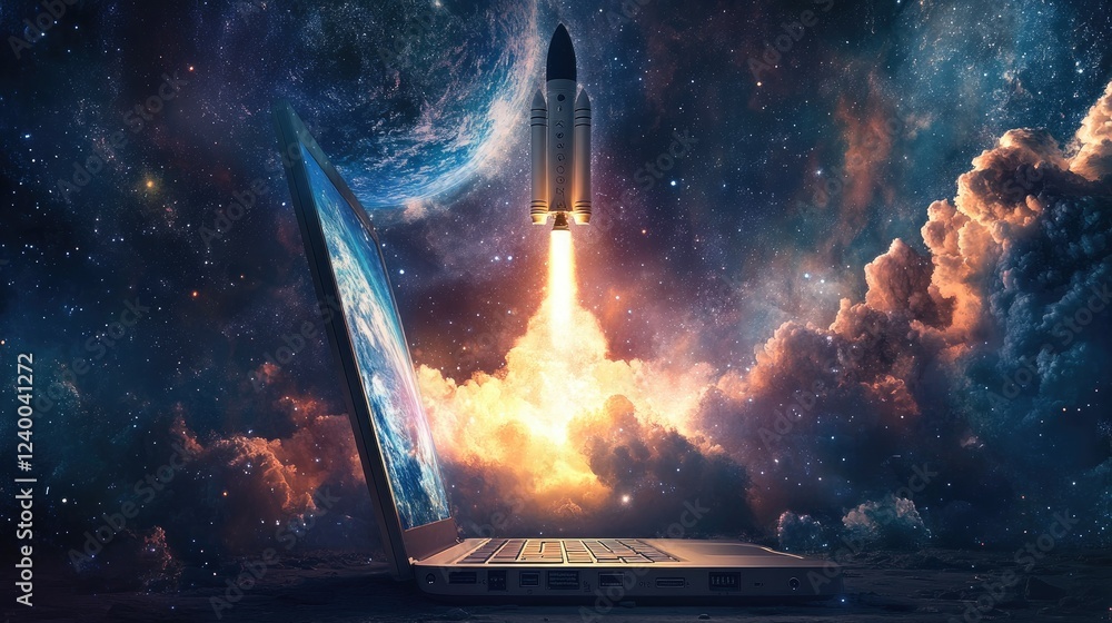 Poster rocket launching from open laptop in cosmic space setting