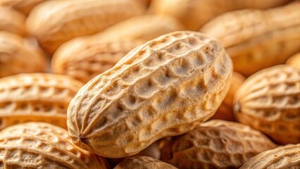 A close-up shot of a single dried peanut shell with visible ridges and natural texture, macro photography