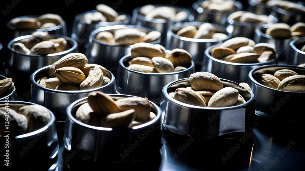 Poster rows of galvanized metal nuts arranged in a precise geometric pattern with high contrast lighting an
