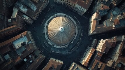 Rome aerial capture of the ancient Pantheon surrounded by bustling modern streets