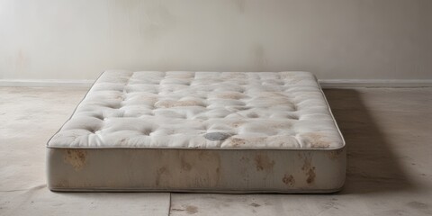 A worn single bed mattress rests on a light colored floor against a plain wall, showing signs of significant staining and age