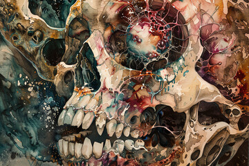 Capture a close-up shot of a macabre chefs creation using watercolor Emphasize the intricate details and eerie color palette to evoke a sense of dark whimsy