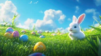 Fototapeta premium Cute White Bunny among Colorful Easter Eggs in Bright Spring Meadow