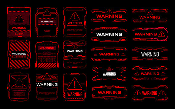 Red warning danger HUD interface frames. Vector alert, attention notification, caution, futuristic ski fi UI signs and elements in modern technology style. Pop up alarm screens for hacker virus attack
