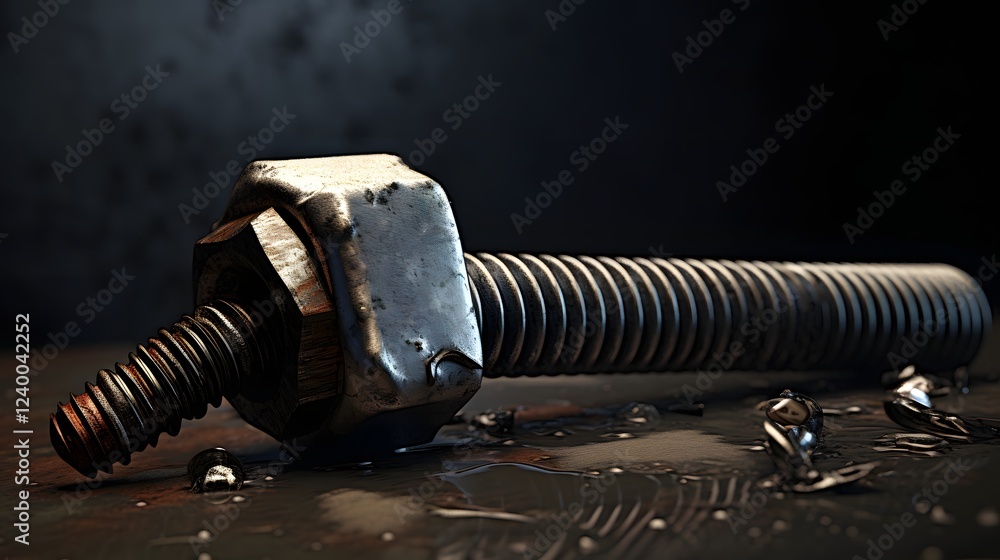 Poster close up of a nut that is partially threaded onto a bolt with a wrench lying nearby representing the