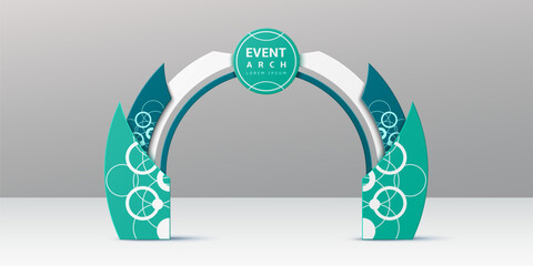 Azure event arch, realistic 3d vector exhibition entrance with teal and white color scheme, and modern circular patterns. Stylish gateway frame for festive or corporate events, promo and conferences