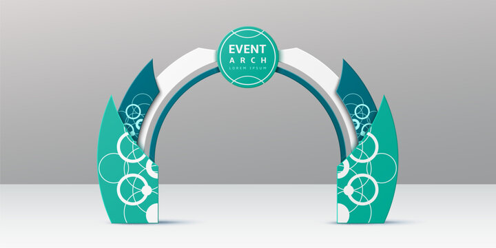 Azure event arch, realistic 3d vector exhibition entrance with teal and white color scheme, and modern circular patterns. Stylish gateway frame for festive or corporate events, promo and conferences
