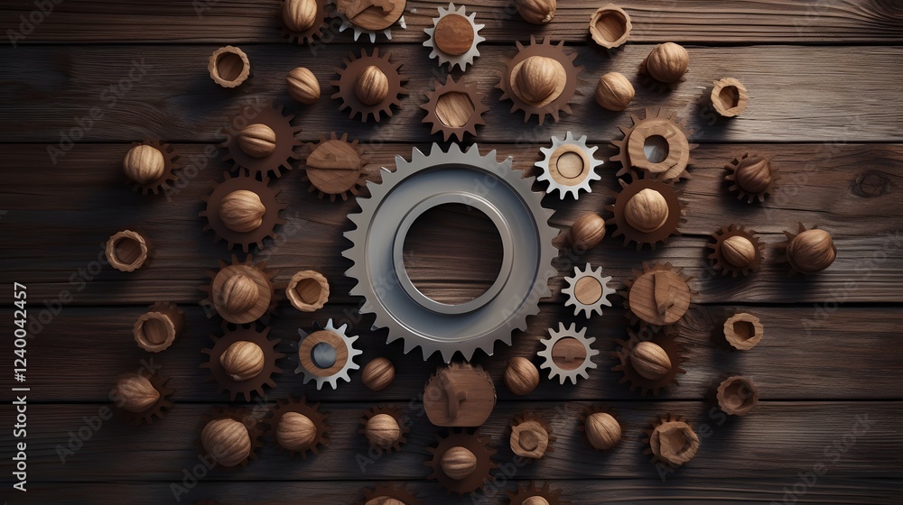 Poster interlocking gear shape formed by an assortment of nuts in a creative geometric layout concept of en