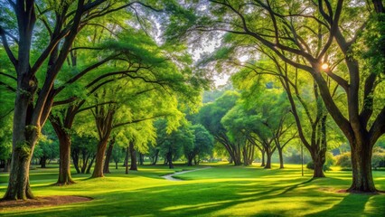 Lush greenery envelops a serene park landscape with tall trees and vibrant foliage