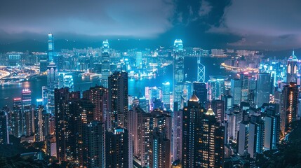 Fototapeta premium Breathtaking illuminated Hong Kong cityscape at night featuring a dense skyline of towering skyscrapers and iconic architecture bathed in a vibrant glowing display of lights The dynamic
