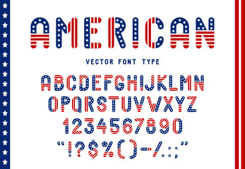 Usa flag font, American patriotic typeface, United States type, red blue and white US English alphabet. Vector abc letters, symbols, numbers adorned with stripes and stars celebrating national pride