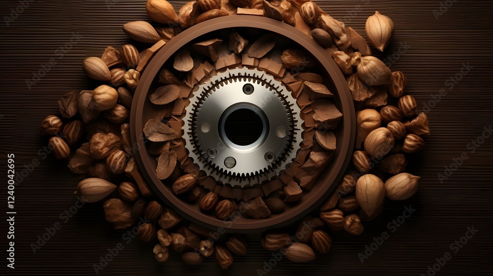 Poster innovative mechanical gear design composed of nuts in a creative 3d layout with textured metallic fi