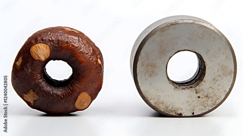 Poster a comparison of rusty and fresh new metal nuts displayed on a clean plain white studio background th