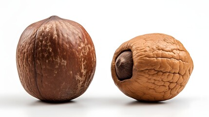Close up view of a rusty and a new metal nut placed side by side on a clean white surface showcasing the stark contrast between the worn aged appearance and the shiny